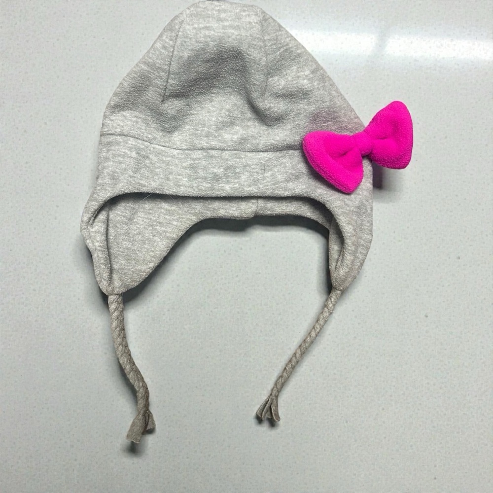 Lands' End Girls Gray Fleece Trapper Hat Pink Bow Ear Flaps Tassels Size S